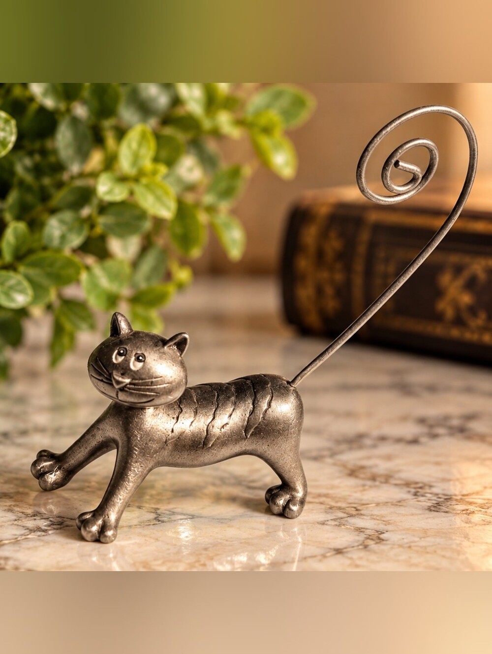 Vintage Pewter Cat Photo Holder – Whimsical Silver-Tone Kitty Figurine